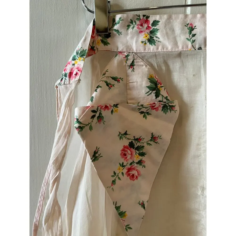 Two Vintage 60s Sheer Half Aprons Pink Blue Floral Print